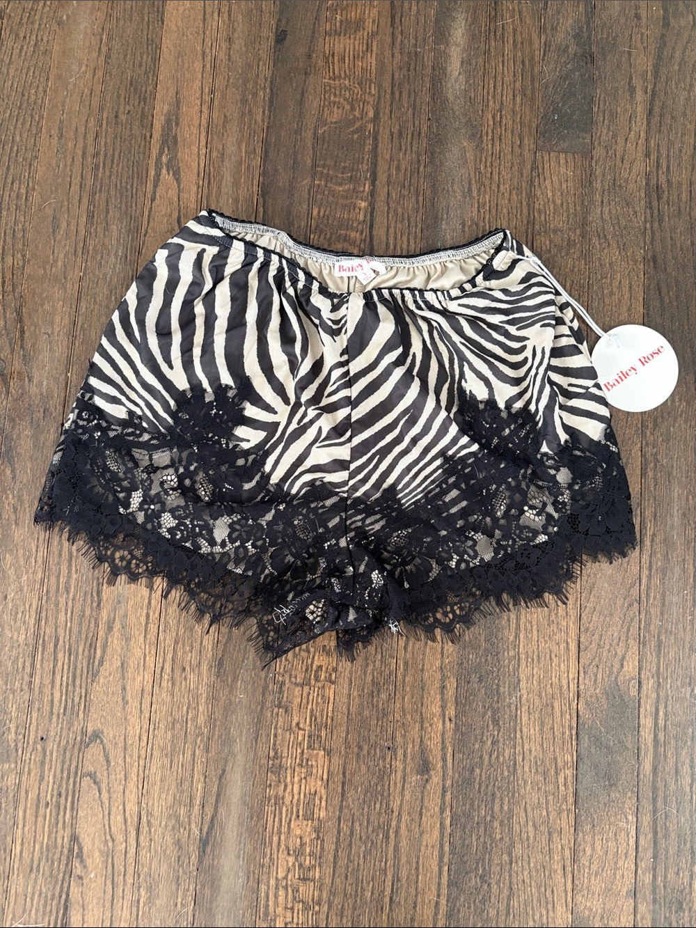 Zebra-Print Satin Lace Trim Shorts in Black/Cream